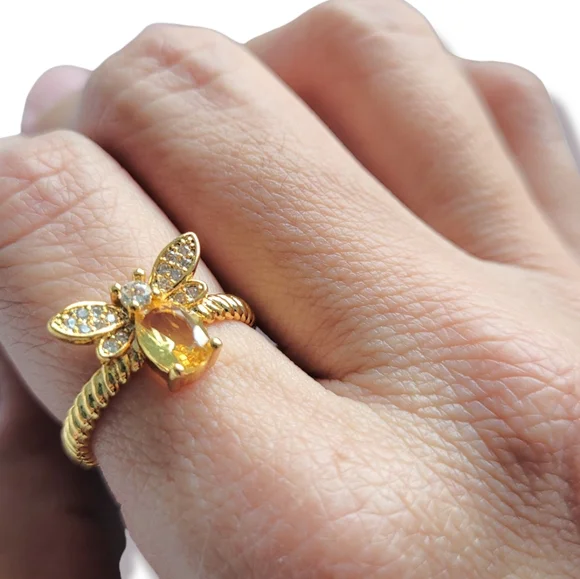 Queen Bee Citrine Cubic Zirconia 18K Gold Plated Silver Adjustable Ring - Picture 2 of 5